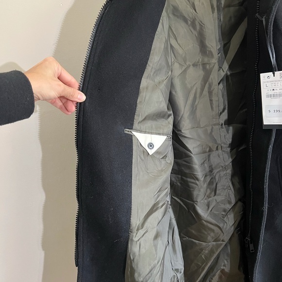 NWT Zara Men Combined Inverted Lapel Collar Black Pea Coat - Picture 7 of 10